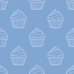 Cute cupcakes with cream and berries seamless pattern background.