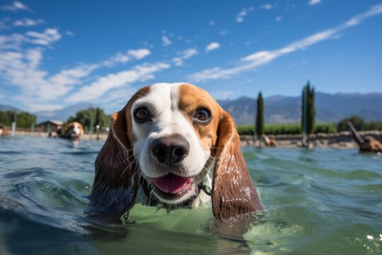 smiling beagle swimming in a lake in vineyards and wineries background