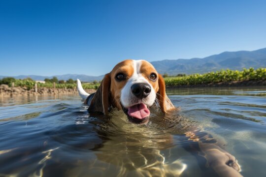 smiling beagle swimming in a lake isolated in vineyards and wineries background