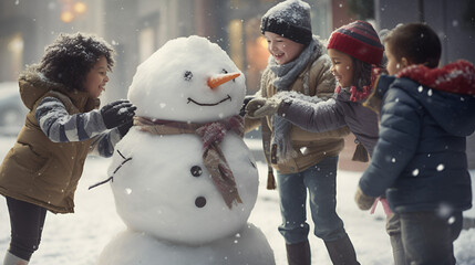 children building a  snowman