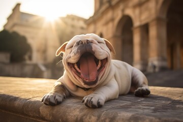 curious bulldog yawning isolated on historic landmarks background - obrazy, fototapety, plakaty