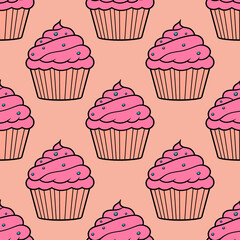 Cute cupcakes with cream and berries seamless pattern background.