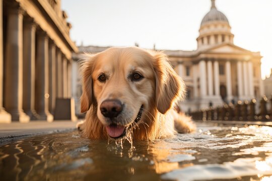 curious golden retriever drinking water while standing against historic landmarks background