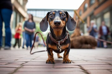 funny dachshund holding a leash in its mouth while standing against museums with outdoor exhibits background - obrazy, fototapety, plakaty