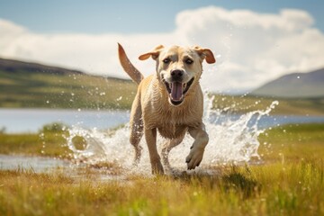 tired labrador retriever running through a sprinkler isolated in scenic viewpoints and overlooks background - obrazy, fototapety, plakaty