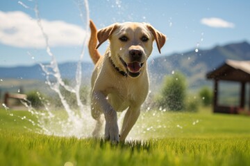 tired labrador retriever running through a sprinkler on scenic viewpoints and overlooks background