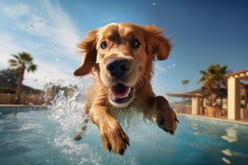 funny golden retriever splashing in a pool while standing against scenic viewpoints and overlooks background