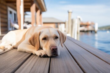 cute labrador retriever lying down in front of boardwalks and piers background