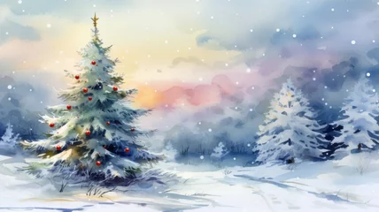Poster Im Rahmen Christmas tree watercolor painting. Beautiful winter forest landscape in snowfall. Winter illustration. © ekim