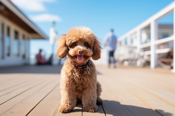 cute poodle sitting in boardwalks and piers background