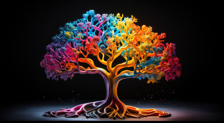 Brain looking tree representing intelligence on a black background 