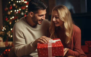 Obraz na płótnie Canvas Couple in love on the background of New Year and Christmas lights near the burning fireplace consider Christmas gifts