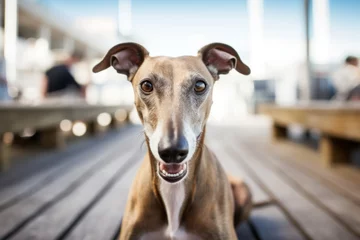 Fototapeten smiling greyhound sitting in front of boardwalks and piers background © Markus Schröder