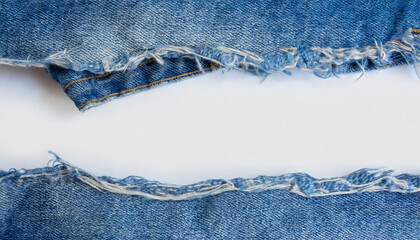 edge frame of blue denim jeans ripped over white background