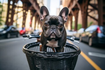 curious french bulldog riding in a bicycle basket in bridges and pedestrian walkways background
