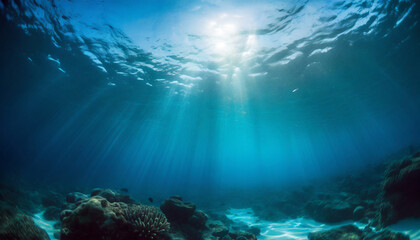 underwater sea deep water abyss with blue sun light - obrazy, fototapety, plakaty