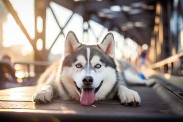 happy siberian husky lying down isolated in bridges and pedestrian walkways background