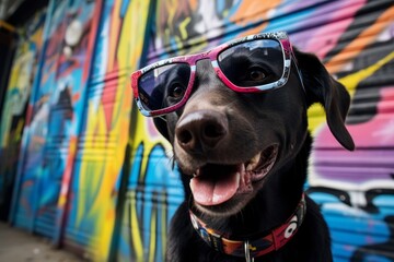 funny labrador retriever wearing a trendy sunglasses isolated on graffiti walls and murals...