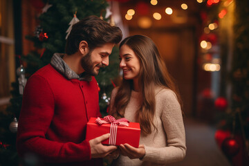 Handsome Boyfriend Give Present. Male and Female Celebrating. Christmas at Home. Family Concept. Male Dressed in Santa Claus Hat.