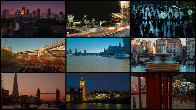 A 4K London 3x3x3 video wall showing important popular landmarks, including The City, The Shard, Tower Bridge, Big Ben, Canary Wharf, Trafalgar Square and River Thames