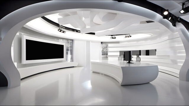 Tv Studio. White studio. Backdrop for TV shows .TV on wall. News studio. The perfect backdrop for any green screen or chroma key video or photo production. 3D rendering.
