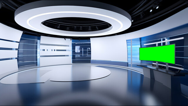 Tv Studio. Blue studio. Backdrop for TV shows .TV on wall. News studio. The perfect backdrop for any green screen or chroma key video or photo production. 3D rendering.
