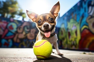 curious chihuahua playing with a tennis ball in graffiti walls and murals background