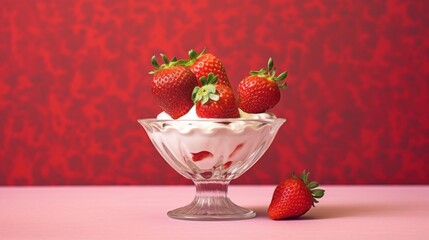 Strawberry dessert in a glass vase on a red background. Strawberries. Vitamin Concept With Copy...