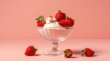 Strawberry yogurt with fresh strawberries in a glass on a colorful background. Strawberries....