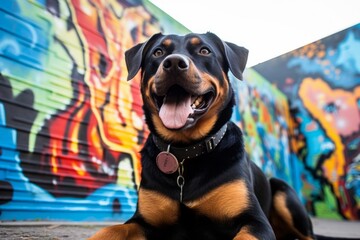 happy rottweiler camping in front of graffiti walls and murals background