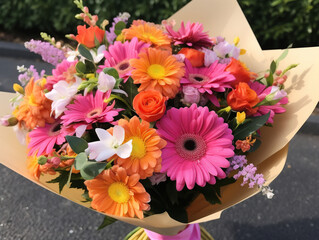 A colorful arrangement of various flowers in a unique, modern style, with raw and natural elements.