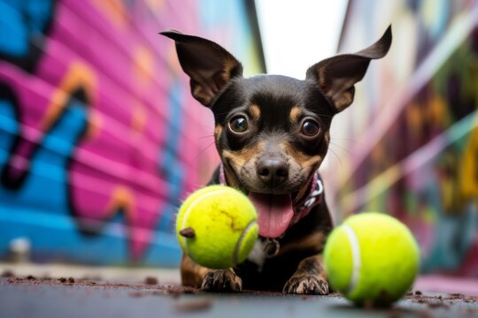 curious chihuahua playing with a tennis ball in front of graffiti walls and murals background