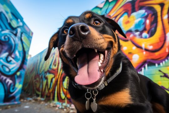 happy rottweiler camping while standing against graffiti walls and murals background