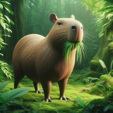 Capybara swimming in the forest eating herbs and walking, illustration of capybara in the Amazon rainforest in high definition