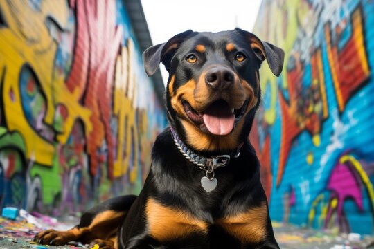 happy rottweiler camping over graffiti walls and murals background