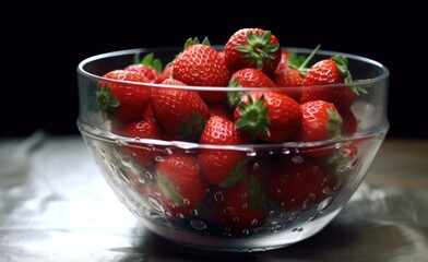 Strawberries in a glass bowl on a wooden table, black background. Strawberries. Vitamin Concept...
