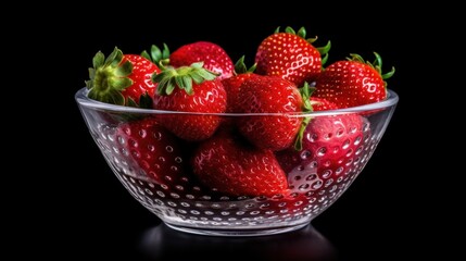 Strawberries in a glass bowl on a black background close up. Strawberries. Vitamin Concept With...