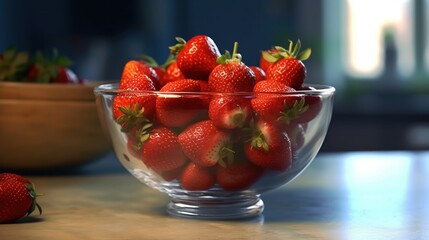 Strawberries in glass bowl on table in kitchen, closeup. Strawberries. Vitamin Concept With Copy...