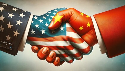 Two hands in a firm handshake, one draped with the U.S. flag and the other with the Chinese flag, symbolizing international diplomacy and cooperation. - obrazy, fototapety, plakaty