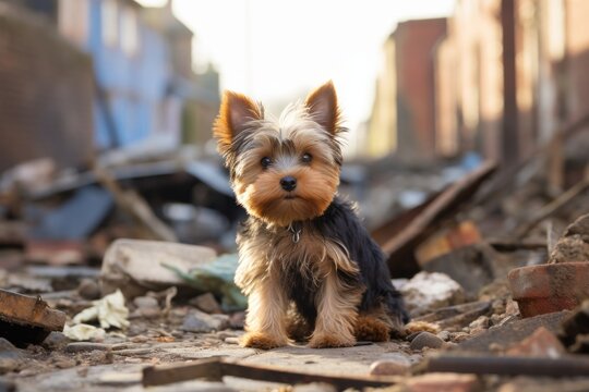happy yorkshire terrier sitting over abandoned buildings and ruins background