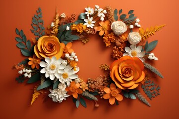  a close up of a wreath of flowers on an orange background with white and orange flowers on each side of the wreath.