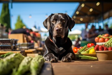 funny labrador retriever being at a farmer's market while standing against skateparks background