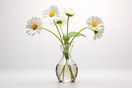  a vase filled with white daisies on top of a white table next to a vase filled with green leaves.