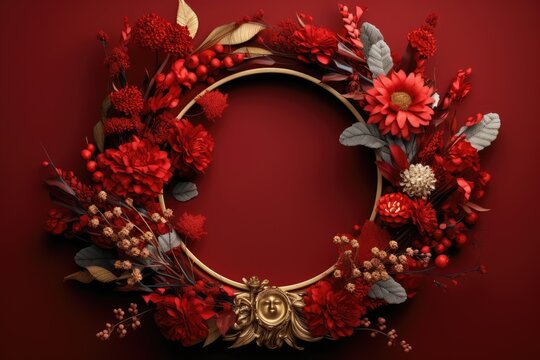  a red and gold wreath with red flowers and leaves on a red background with a gold ring on the center of the wreath.