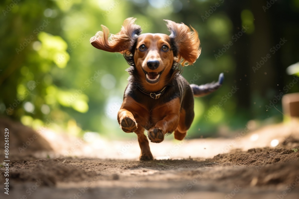 Poster happy dachshund running in front of zoos and wildlife sanctuaries background