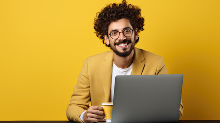 Happy young man working on a laptop against yellow background - obrazy, fototapety, plakaty