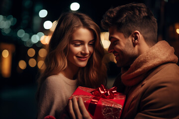 Obraz na płótnie Canvas Man and woman hugs gift holiday romance