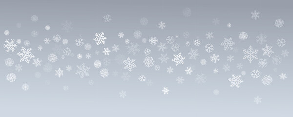 Christmas snowflakes background. Winter silver snow border decoration, greeting card. Noel subtle frame backdrop. Vector illustration