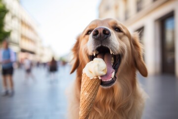 happy golden retriever licking an ice cream cone isolated on public plazas and squares background