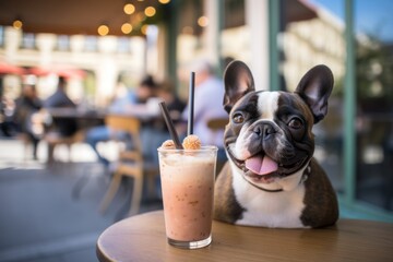 happy french bulldog having a smoothie in public plazas and squares background - obrazy, fototapety, plakaty